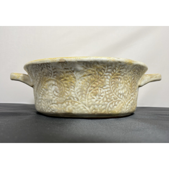 Terra Cotta Studio Stamped Pattern Pottery Baking Dish Unmarked Yellow Ivory - Picture 2 of 11